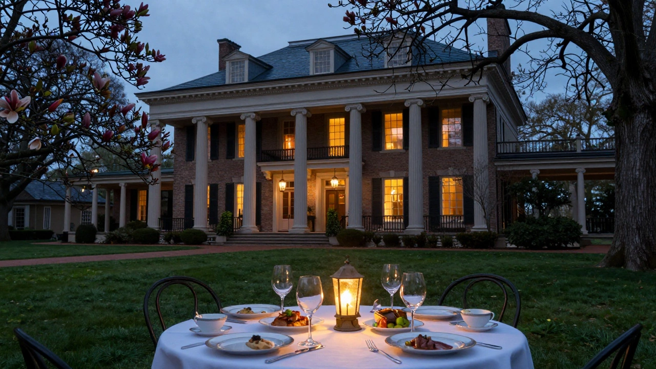 Elegant outdoor dining at a historic Southern plantation estate at dusk