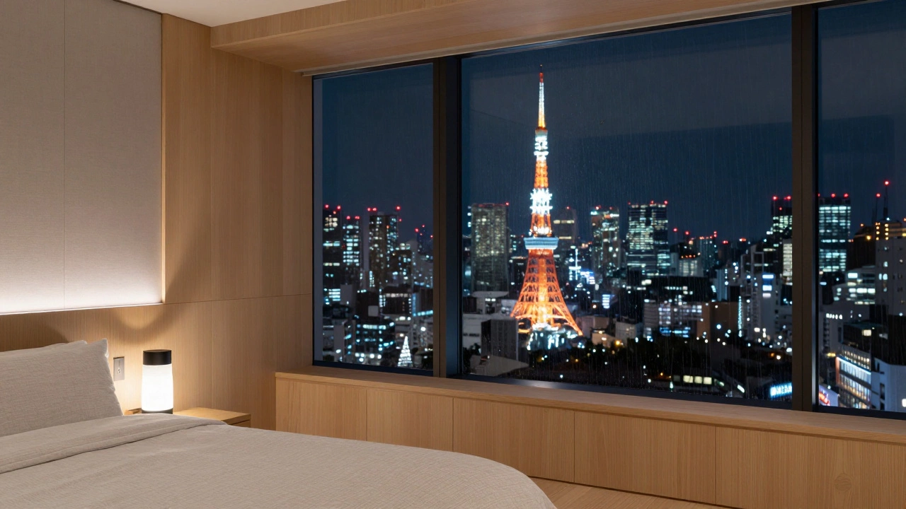 Minimalist luxury suite interior overlooking Tokyo skyline