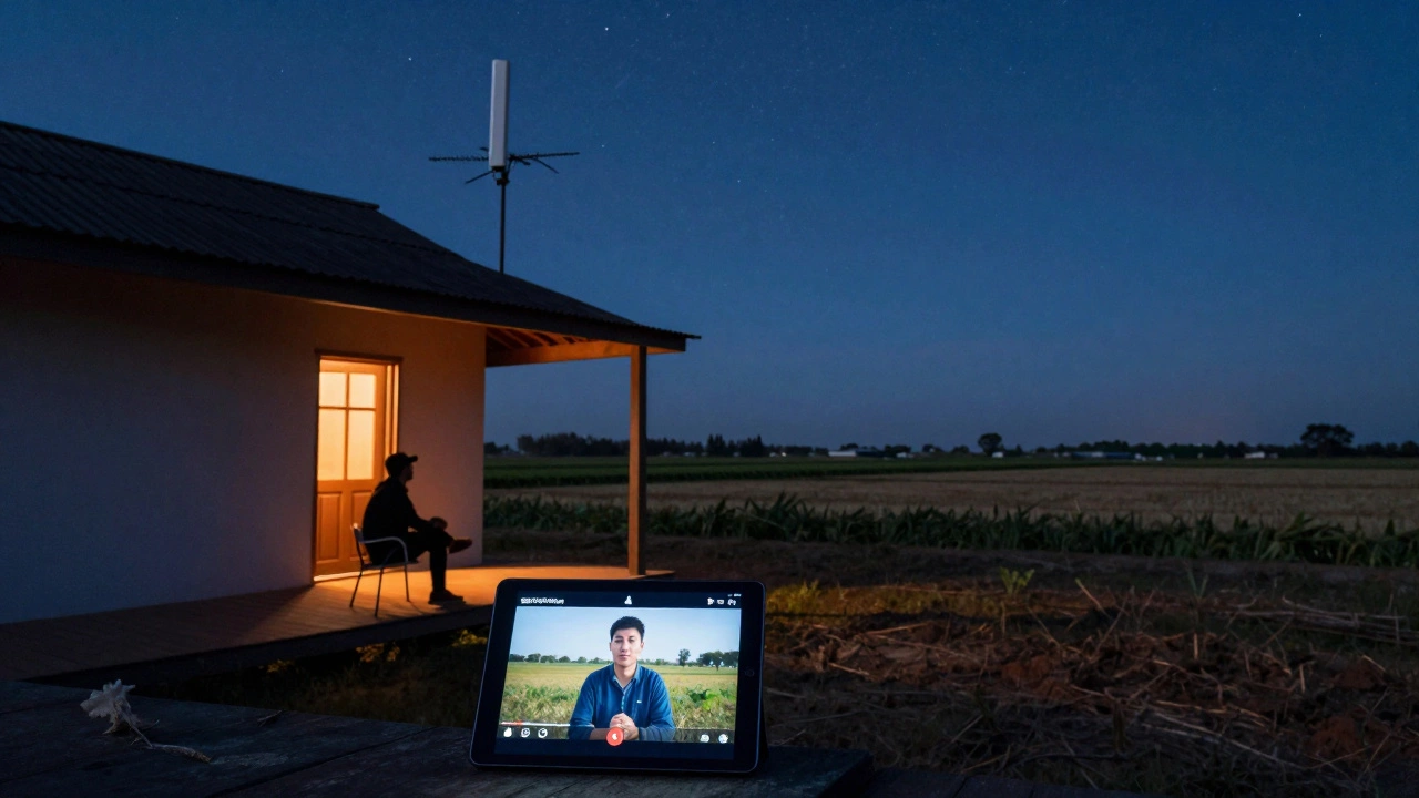 Person on cottage porch using tablet for video call under starry sky