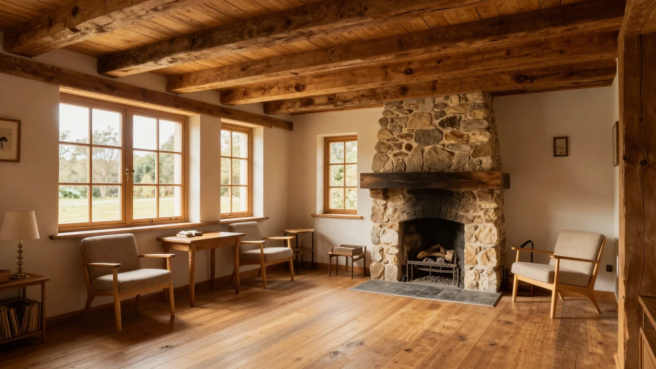 Rustic cottage interior with wood beams and fireplace