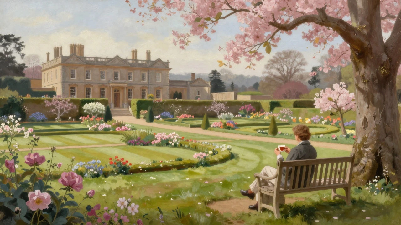 Serene garden scene of historic manor with guest relaxing