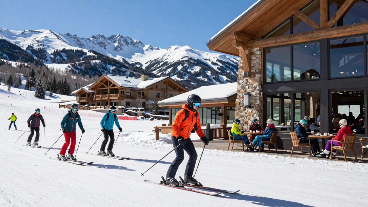Skiers on snowy slopes near a luxury lodge in a US mountain resort