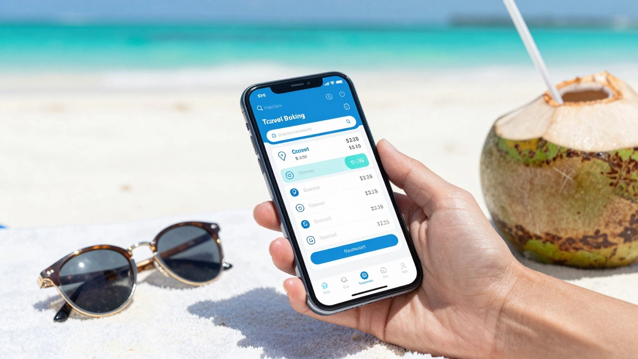 Smartphone on beach towel showing travel prices near ocean
