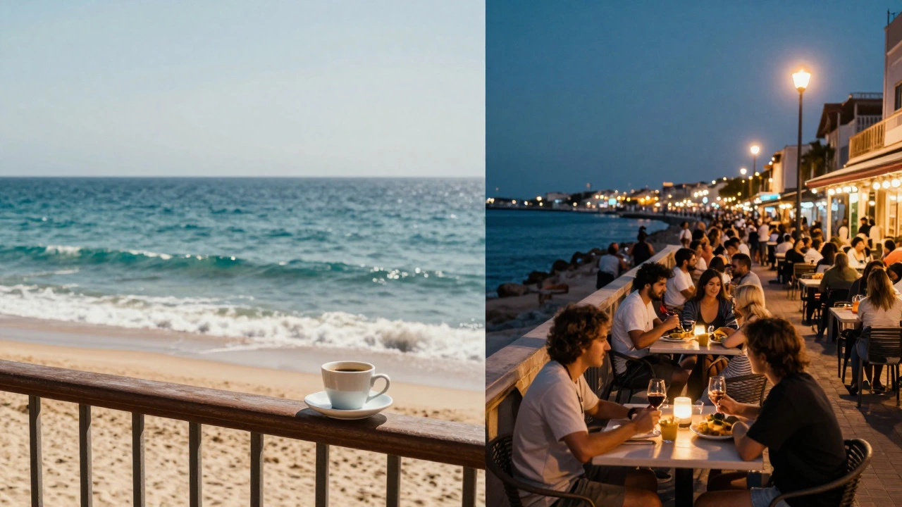 Split view comparing private beachfront vs lively seaside