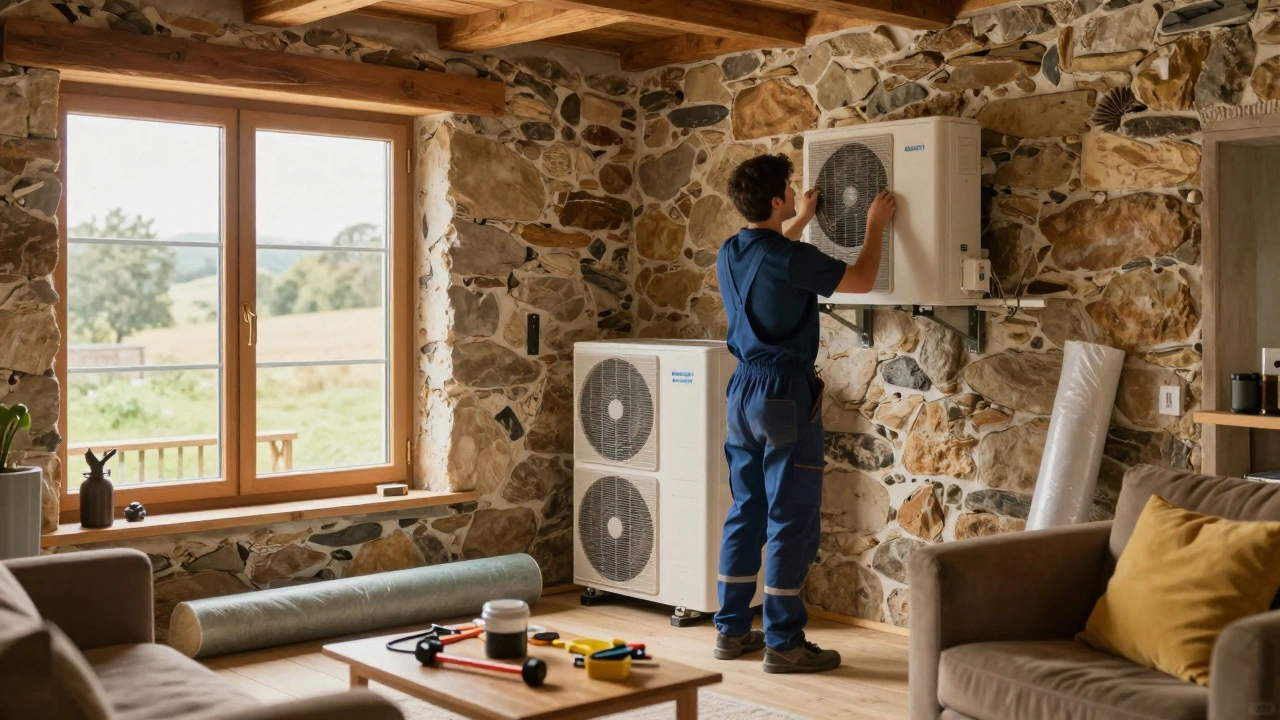 Technician installing heat pump in cozy stone cottage living room