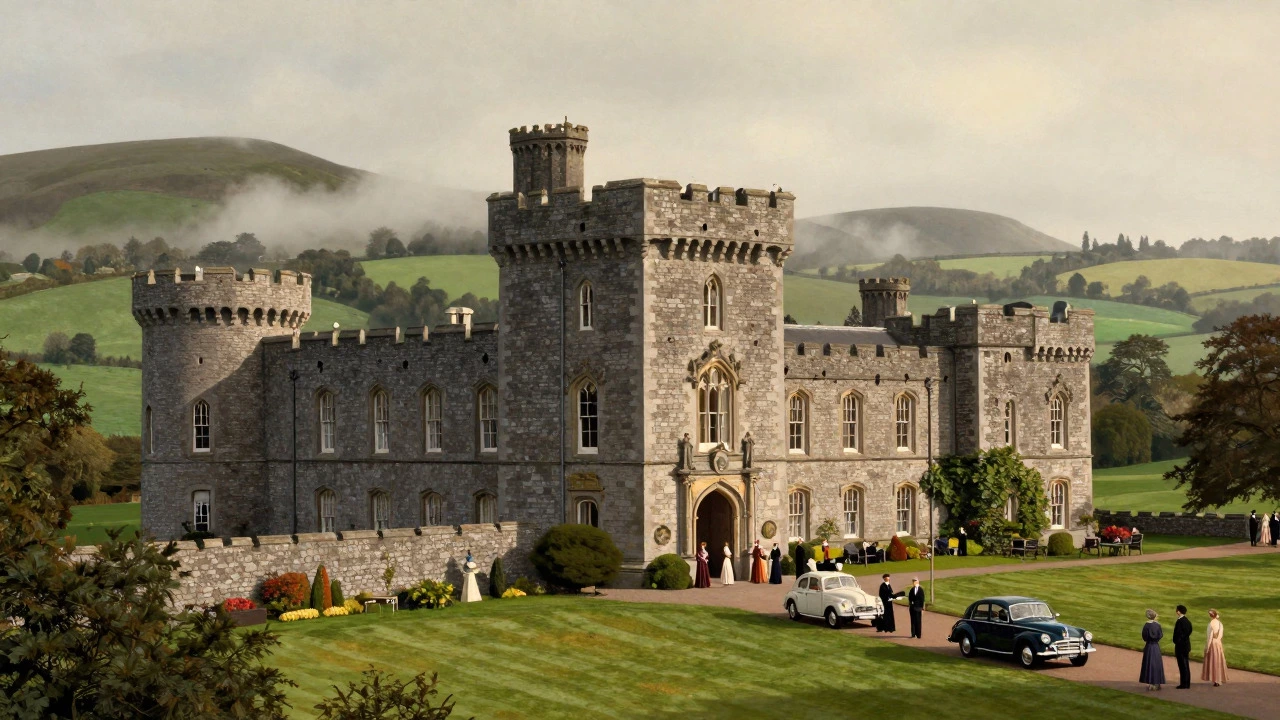 Vintage view of Irish castle hotel with guests arriving