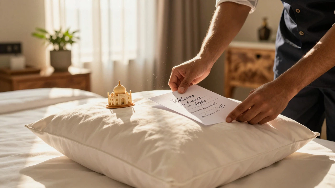 Handwritten note and themed dessert on hotel bed pillows