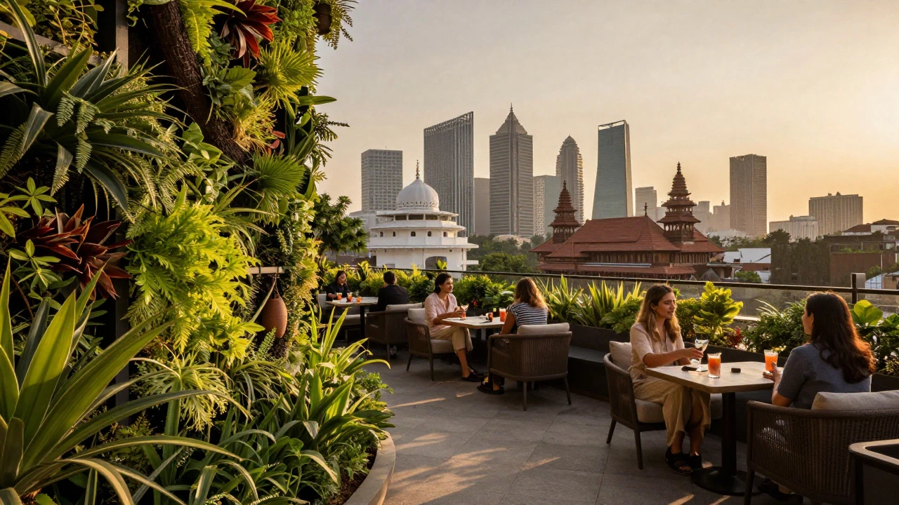 Rooftop lounge with vertical garden and city sunset view
