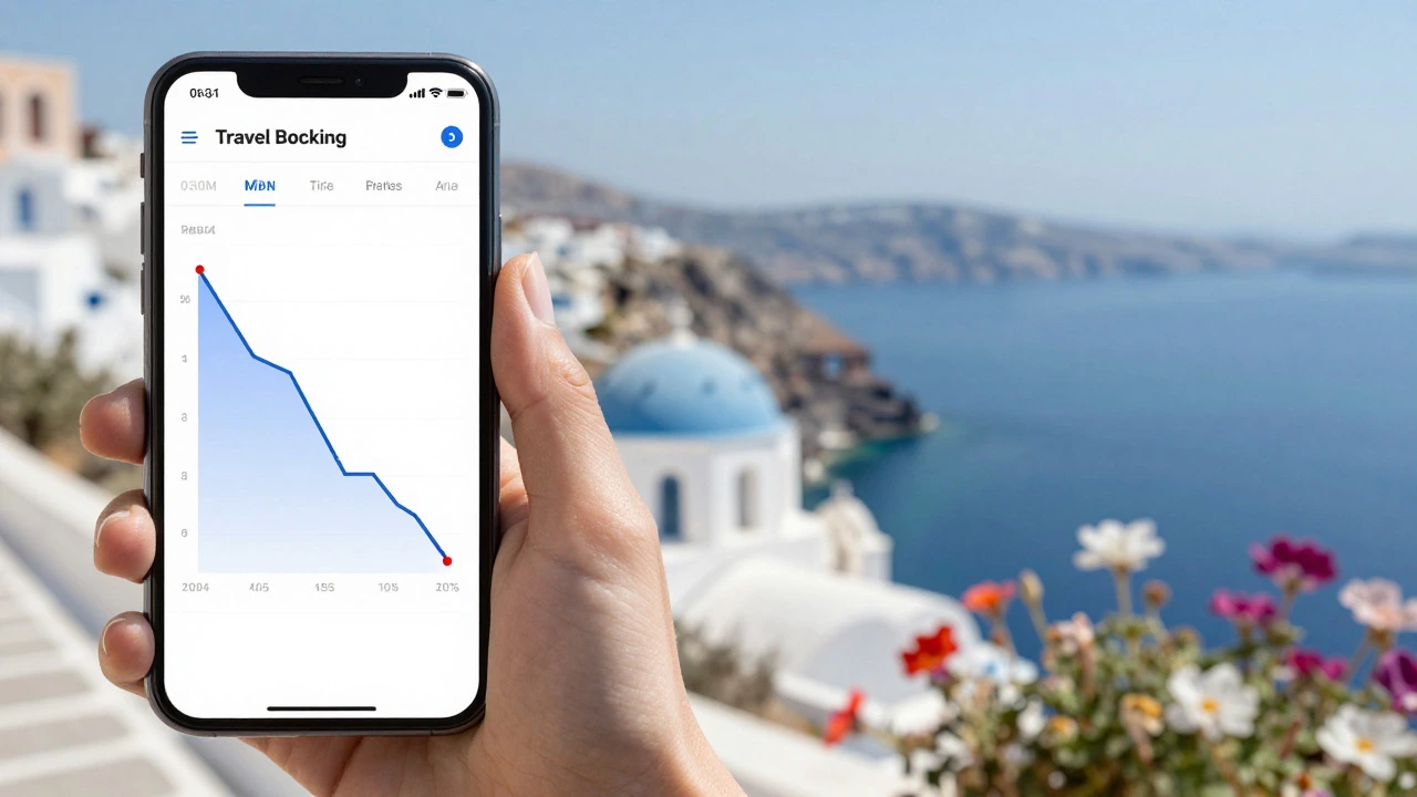Smartphone showing price drops against Mediterranean coast backdrop