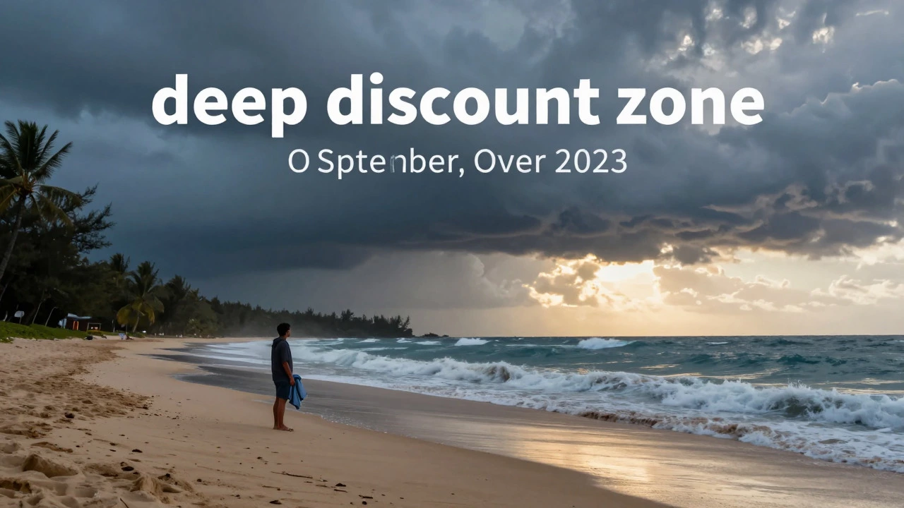 Traveler on beach with storm clouds during hurricane season discounts
